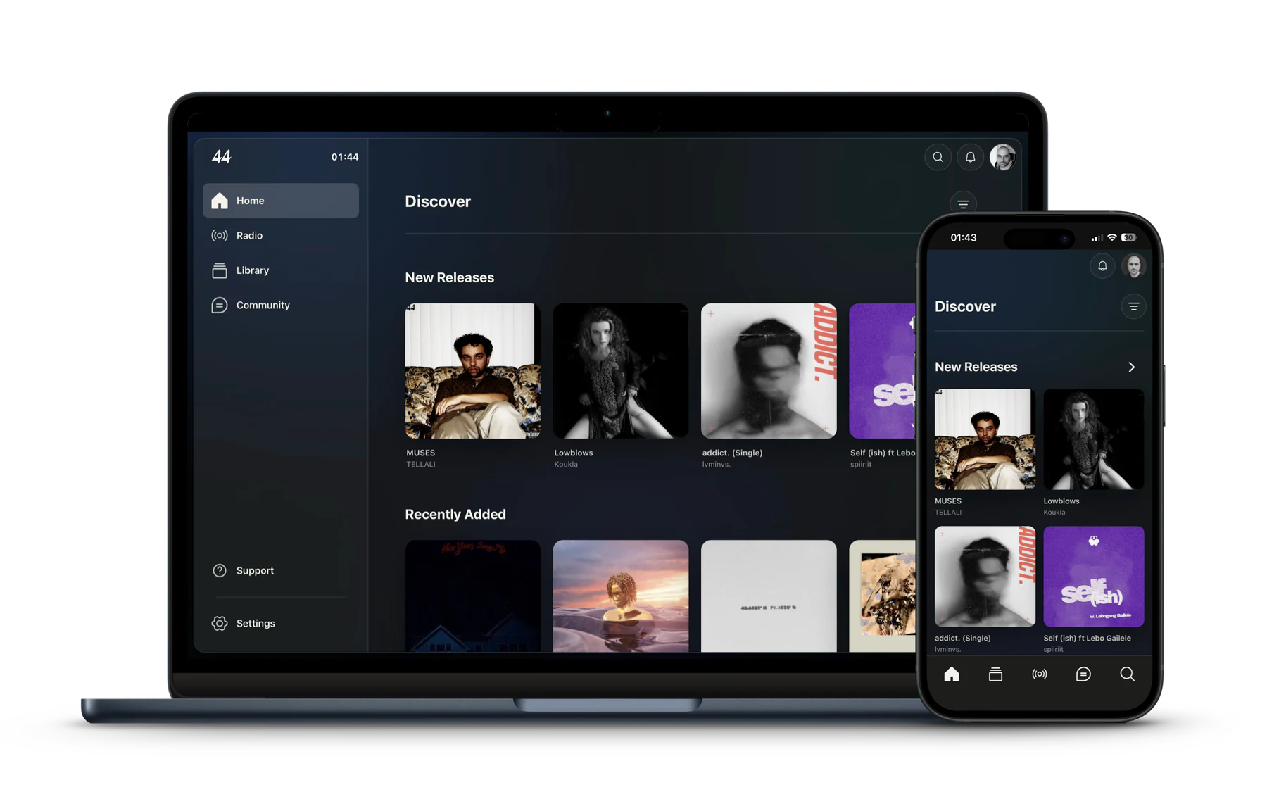44OS Discover showing new independent music releases.