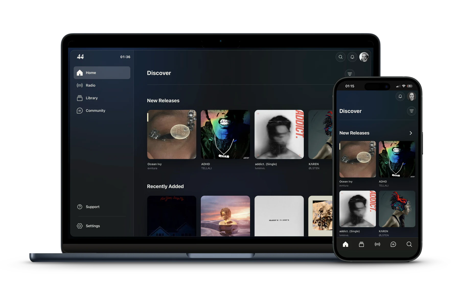 The 44OS Discover screen showing independent music releases.